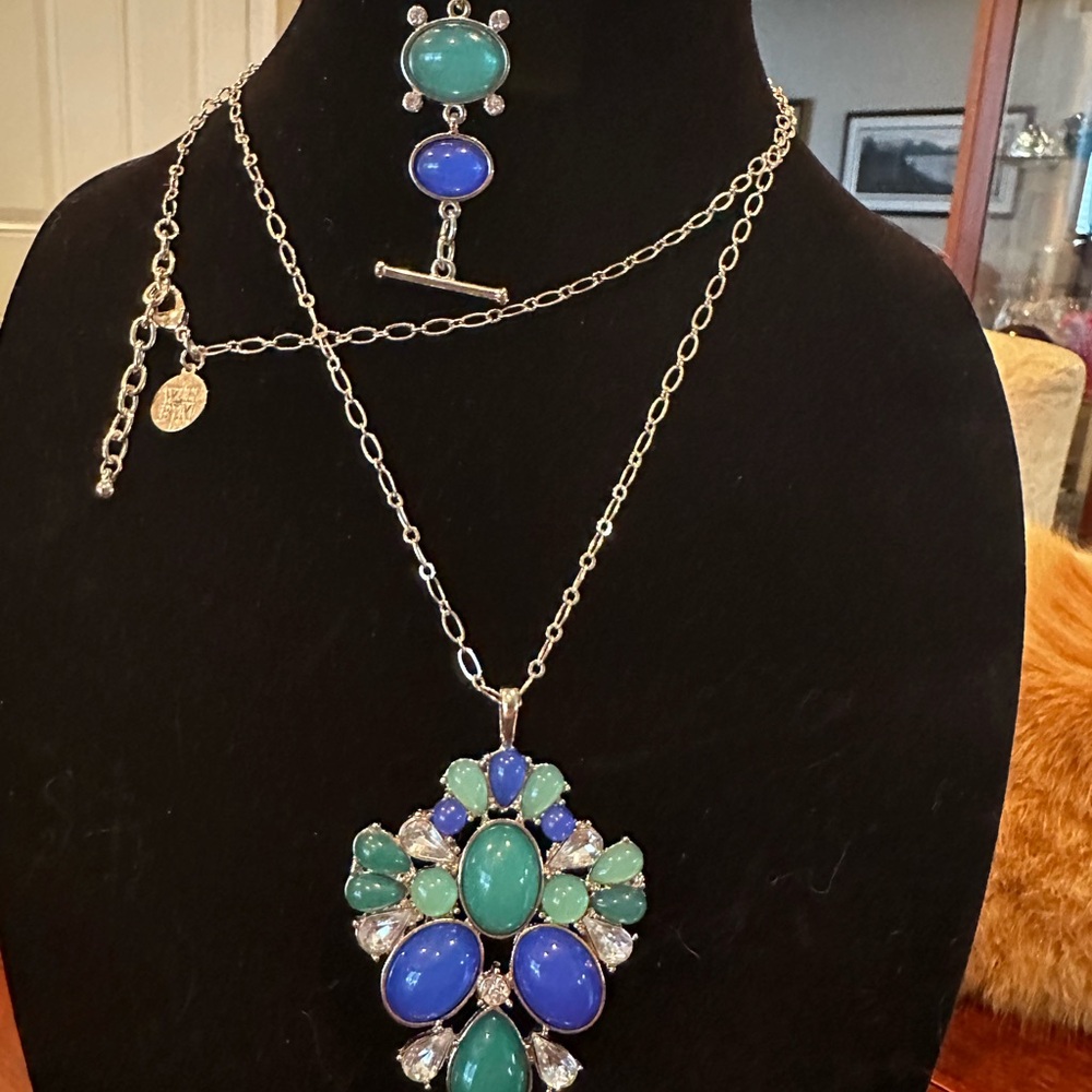 Green and blue necklace, bracelet, earrings and ring